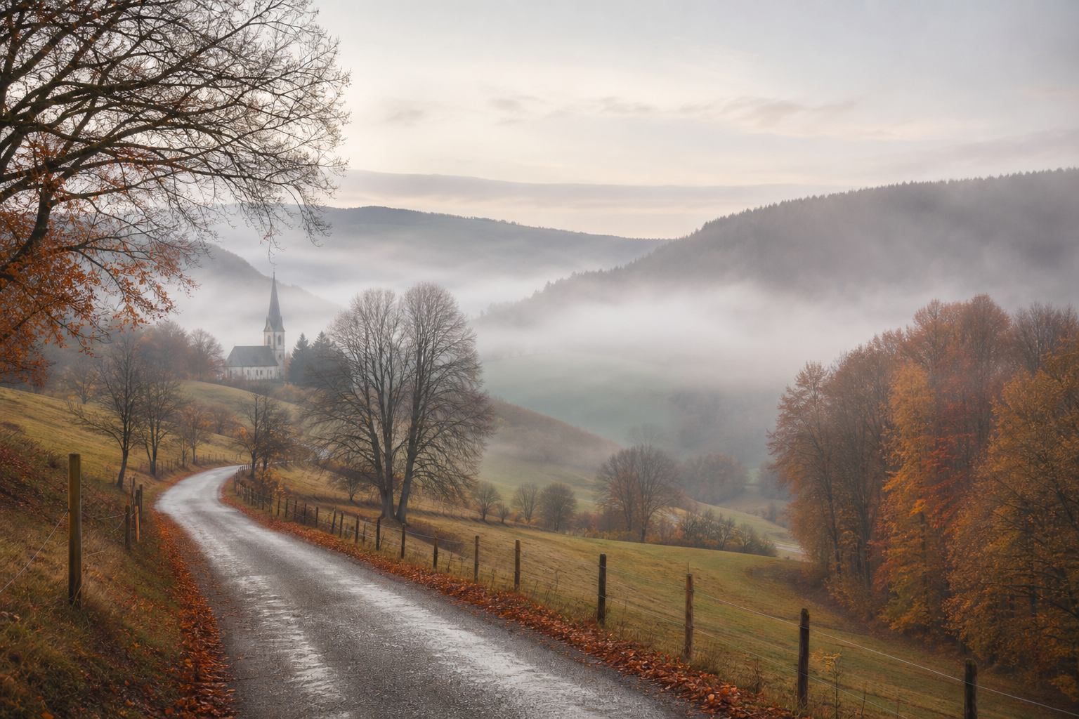 Nebelige Straße zwischen Hügeln in Deutschland