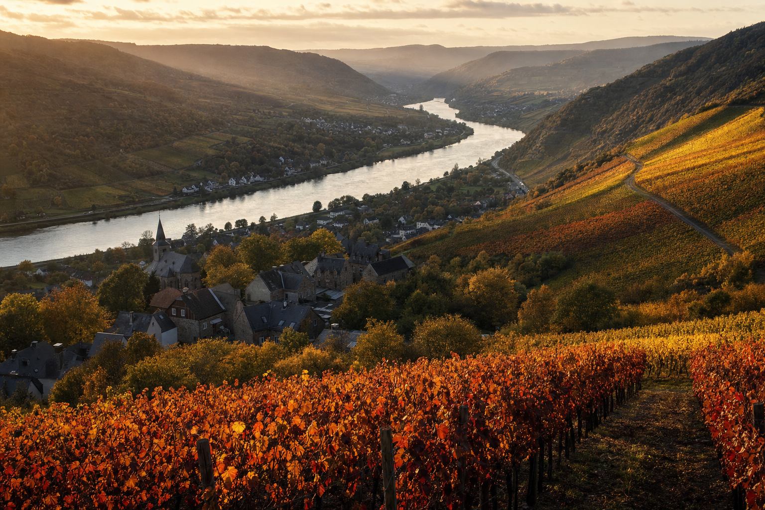 Herbstliche Weinberge an der Mosel mit Flussschleife