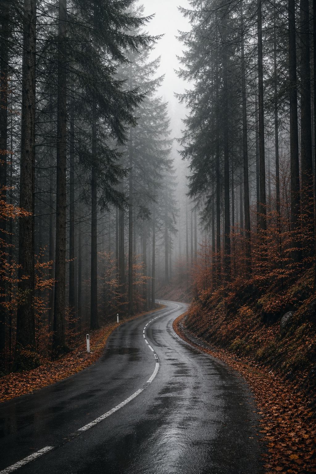 Nebelige Herbststraße im Schwarzwald zwischen Fichten